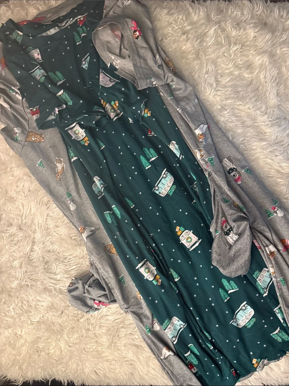 Woman’s Holiday Pajama Set - Green and Gray, Cute Print both have pockets!